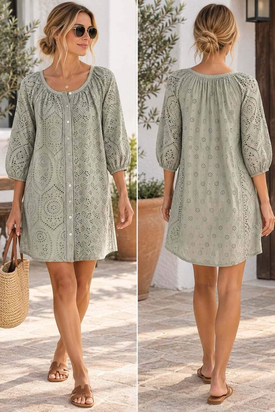 Faherty Valencia Dress Sz S Desert Sage Green Eyelet Organic Cotton Button Front